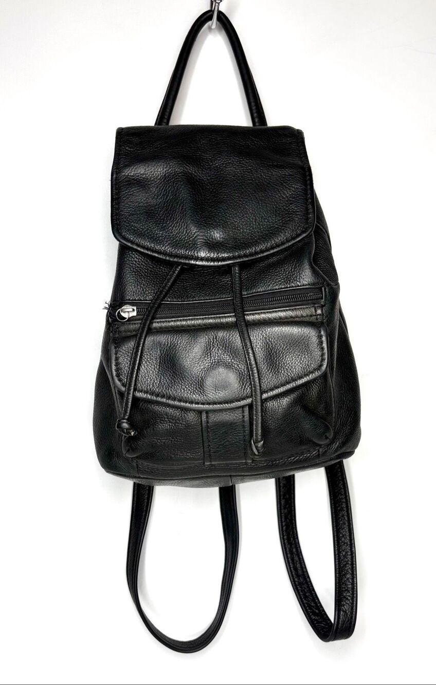 Fossil Black Pebbled Leather Mini Backpack Drawstring Flap Vintage